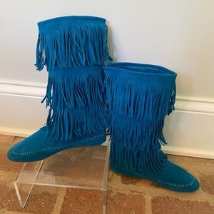 Rasolli Fringe Moccasin Boot Boho Blue Size 6